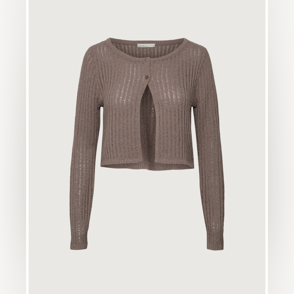 Oak + Fort Cropped Crochet Cardigan in Taupe XS